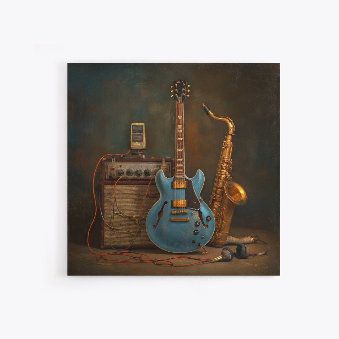 Electric Guitar Pedals and Cables Graphic Art Framed Canvas Print, Music Studio Art, Teen Room Decor, Studio Decor, Rhythm, MSA-1x1-21