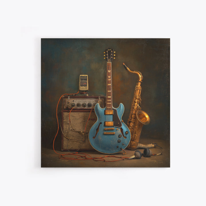 Electric Guitar Pedals and Cables Graphic Art Framed Canvas Print, Music Studio Art, Teen Room Decor, Studio Decor, Rhythm, MSA-1x1-21