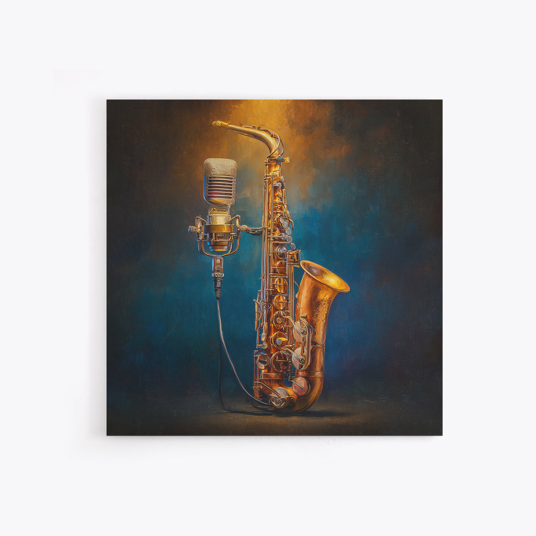 Microphone Portrait with Golden Spotlight Canvas Print, Music Studio Art, Painting from Photo, Studio Decor, Fine Art, Rhythm, MSA-1x1-31