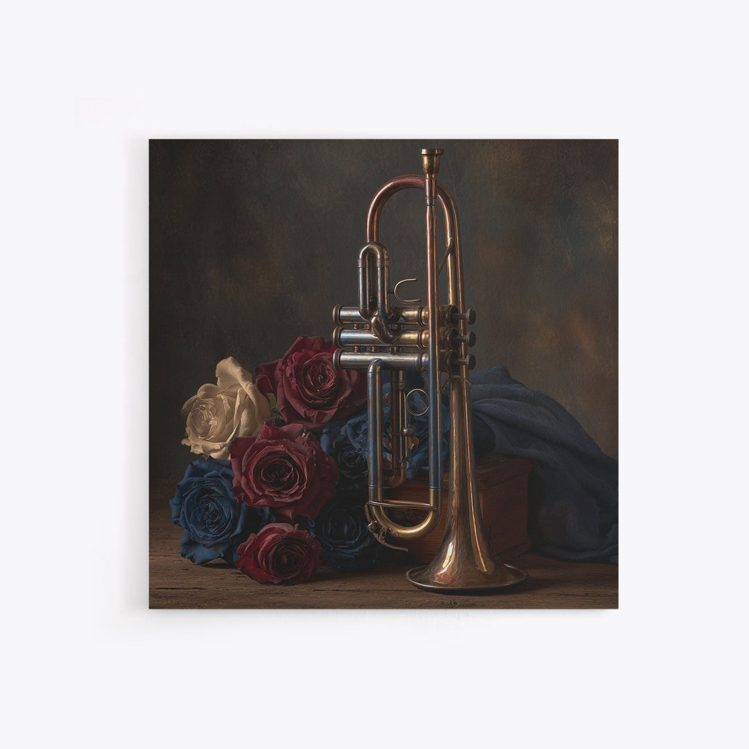 Trumpet and Roses Framed Canvas Print, Music Studio Art, Gallery Decor, Studio Decor, Fine Art, Rhythm, Contemporary Art, MSA-1x1-32
