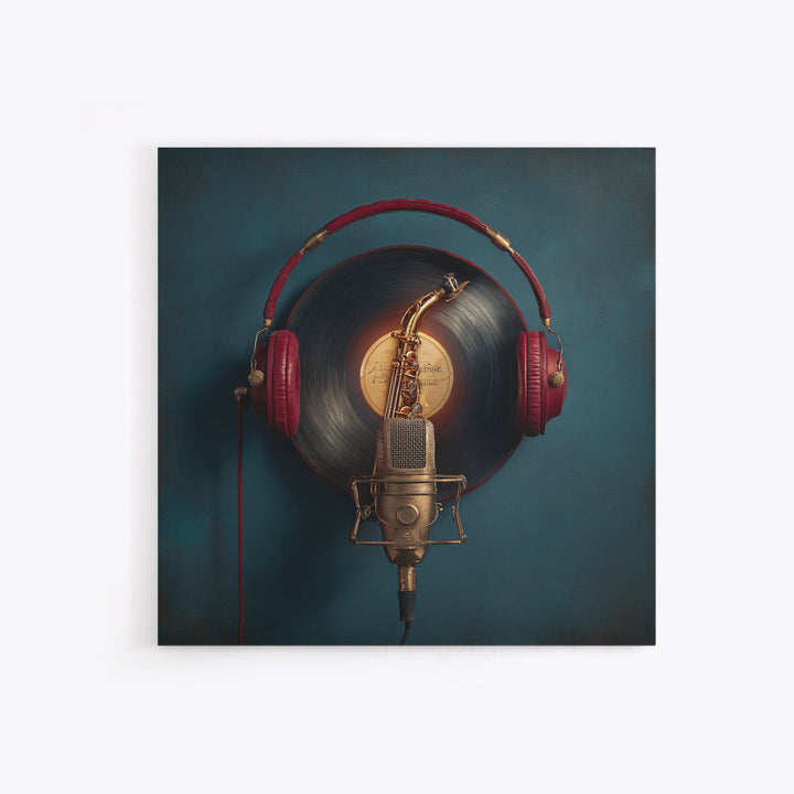 Headphones Around a Glowing Record Canvas Print, Music Studio Art, Music Posters, Studio Decor, Fine Art, Rhythm, Music Lover, MSA-1x1-35