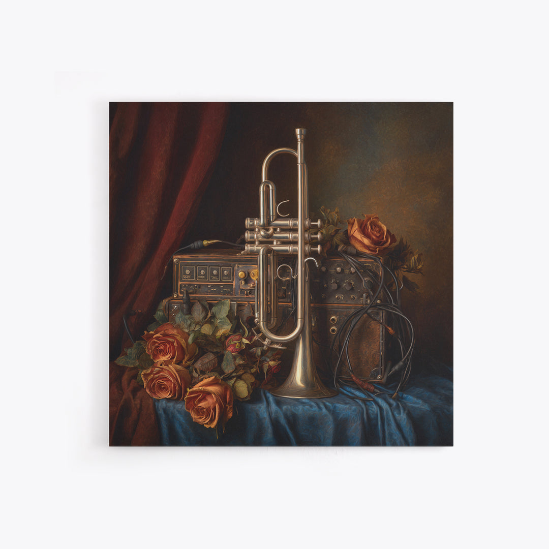 Trumpet and Roses Framed Canvas Print, Music Studio Art, Modern Wall Art, Studio Decor, Rhythm, Boho Art, Travel Wall Art, MSA-1x1-56