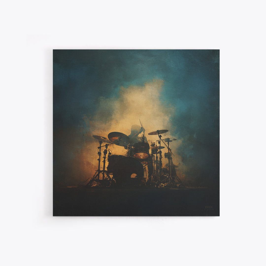 Drum Kit Silhouette Framed Canvas Print, Music Studio Art, Commission Painting, Studio Decor, Watercolor Art, Rhythm, MSA-1x1-6