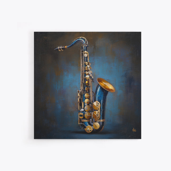 Jazz Saxophone with Smoky Blue Background Framed Canvas Print, Music Studio Art, Music Lover, Studio Decor, Fine Art, Rhythm, MSA-1x1-74