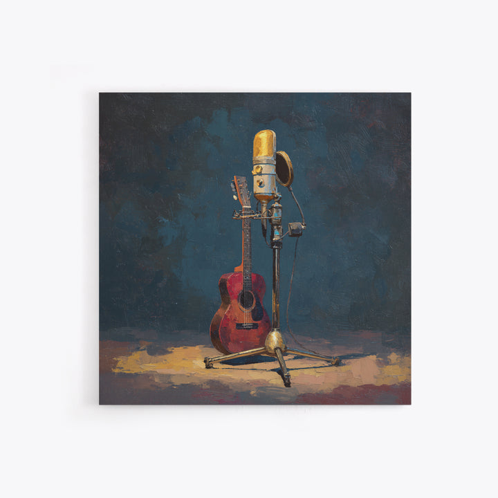 Microphone Portrait with Golden Spotlight Framed Canvas Print, Music Studio Art, Fine Art Print, Studio Decor, Fine Art, Rhythm, MSA-1x1-79