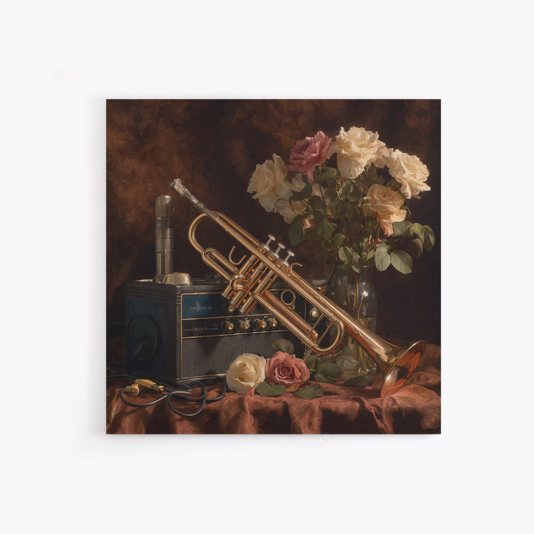 Trumpet and Roses Framed Canvas Print, Music Studio Art, Printable Art, Studio Decor, Rhythm, Music Art, Man Cave Decor, MSA-1x1-8