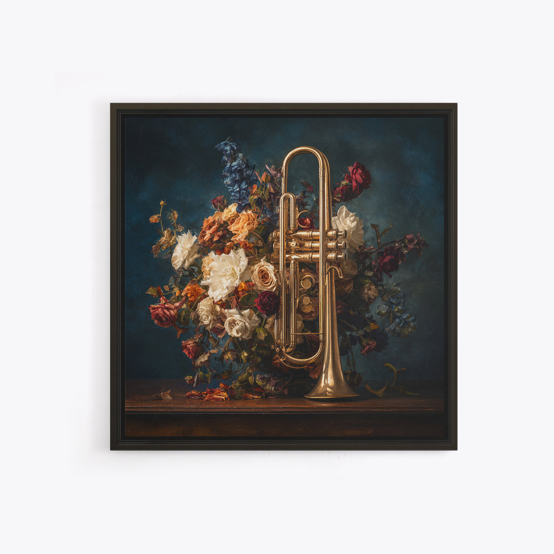 Trumpet and Roses Framed Canvas Print, Music Studio Art, Modern Decor, Studio Decor, Fine Art, Rhythm, Home Decor, Wall Decor, MSA-1x1-80