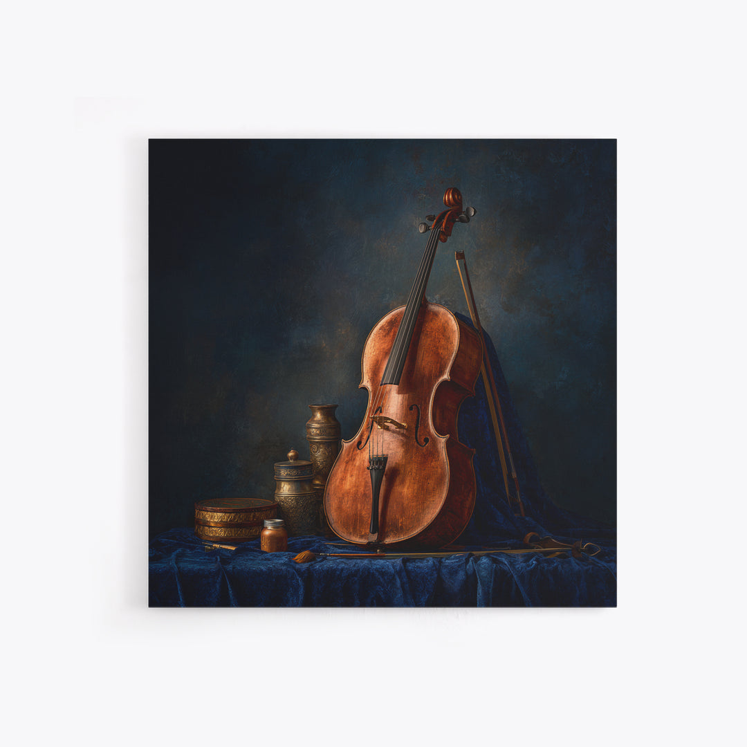 Cello Leaning Against Dark Velvet Backdrop Canvas Print, Music Studio Art, Textured Painting, Studio Decor, Fine Art, Rhythm, MSA-1x1-81
