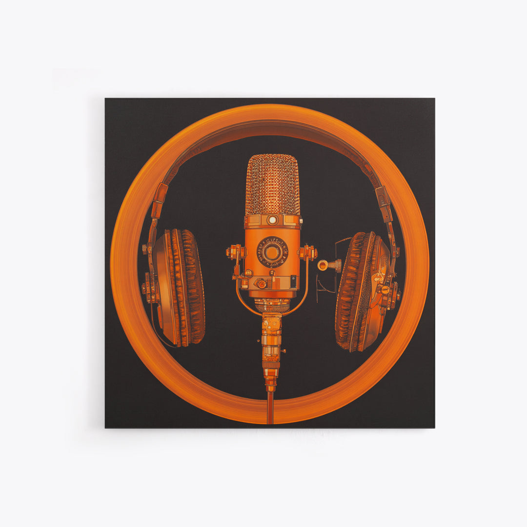 Headphones Around a Glowing Record Framed Canvas Print, Music Studio Art, Statement Artwork, Studio Decor, Fine Art, Rhythm, MSA-1x1-83