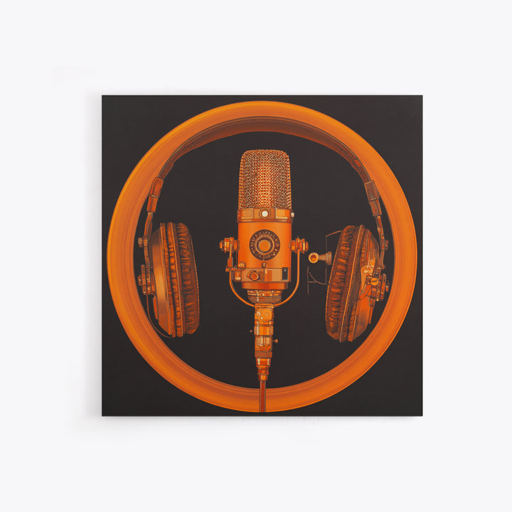 Headphones Around a Glowing Record Framed Canvas Print, Music Studio Art, Statement Artwork, Studio Decor, Fine Art, Rhythm, MSA-1x1-83