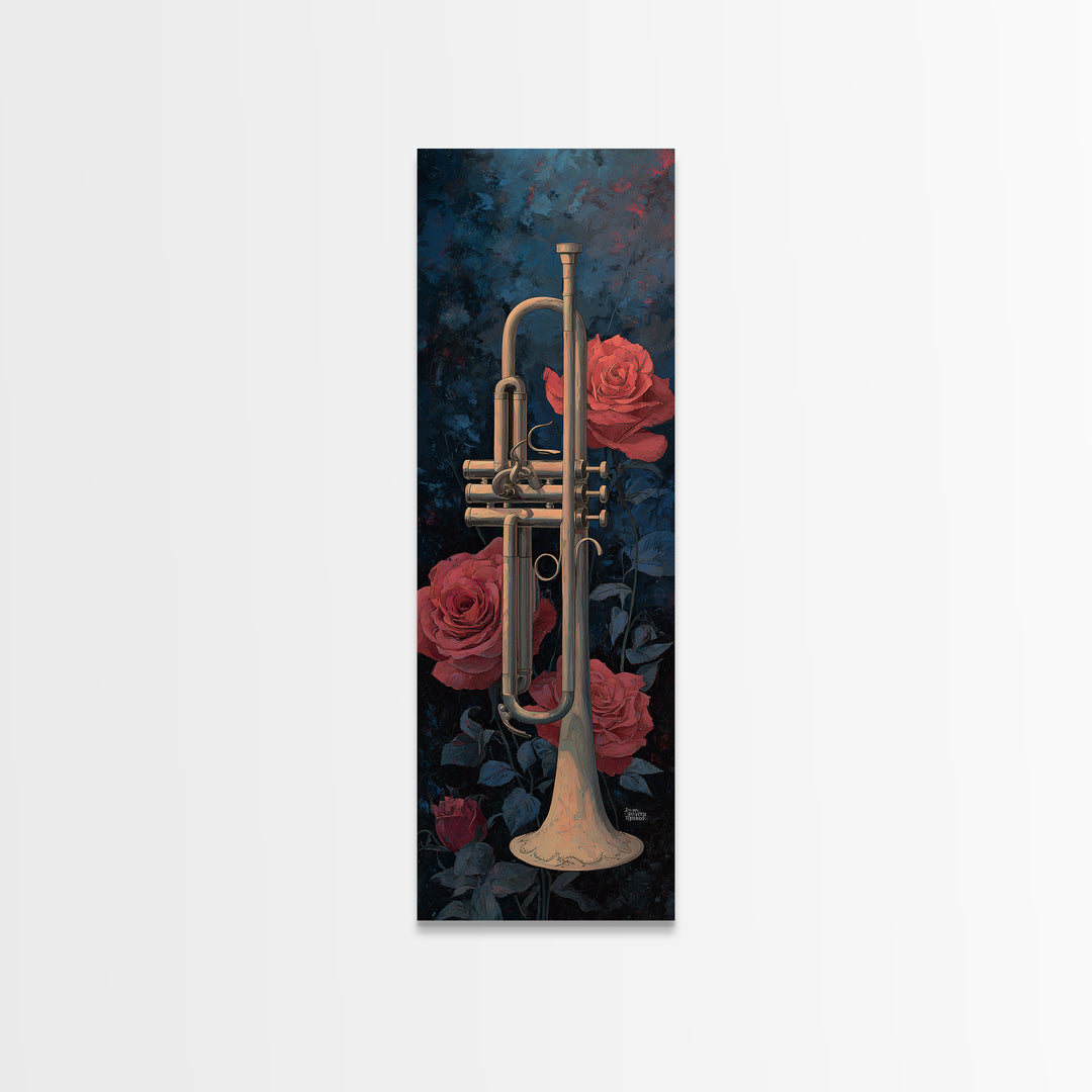 Trumpet and Roses Framed Canvas Print, Music Studio Art, Luxury Decor, Studio Decor, Fine Art, Rhythm, Art Commission, MSA-1x3-20