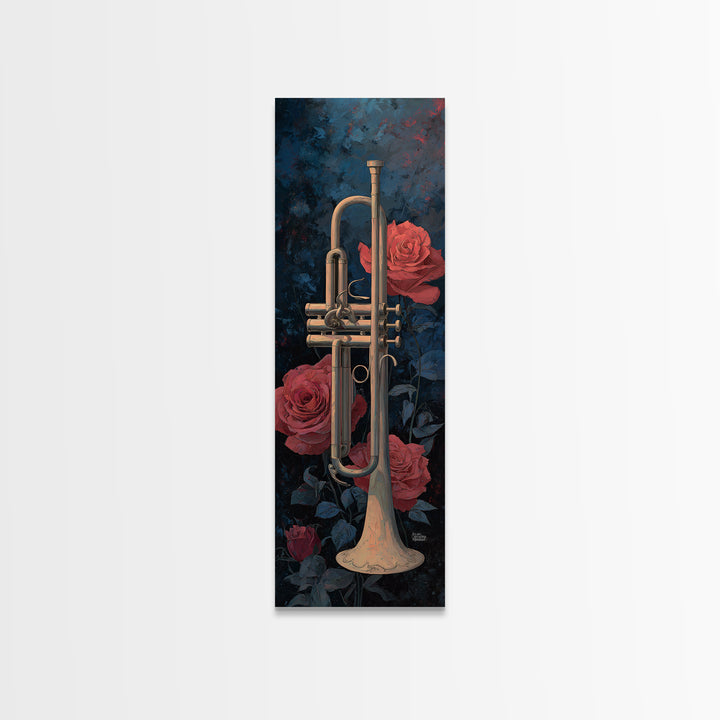 Trumpet and Roses Framed Canvas Print, Music Studio Art, Luxury Decor, Studio Decor, Fine Art, Rhythm, Art Commission, MSA-1x3-20