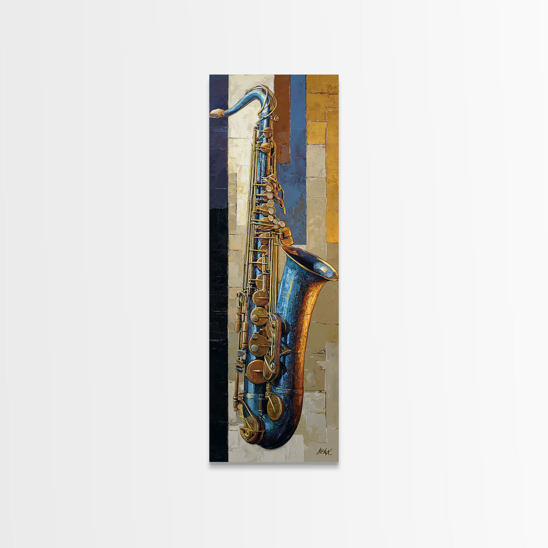 Jazz Saxophone with Smoky Blue Background Framed Canvas Print, Music Studio Art, Neutral Decor, Studio Decor, Fine Art, Rhythm, MSA-1x3-62