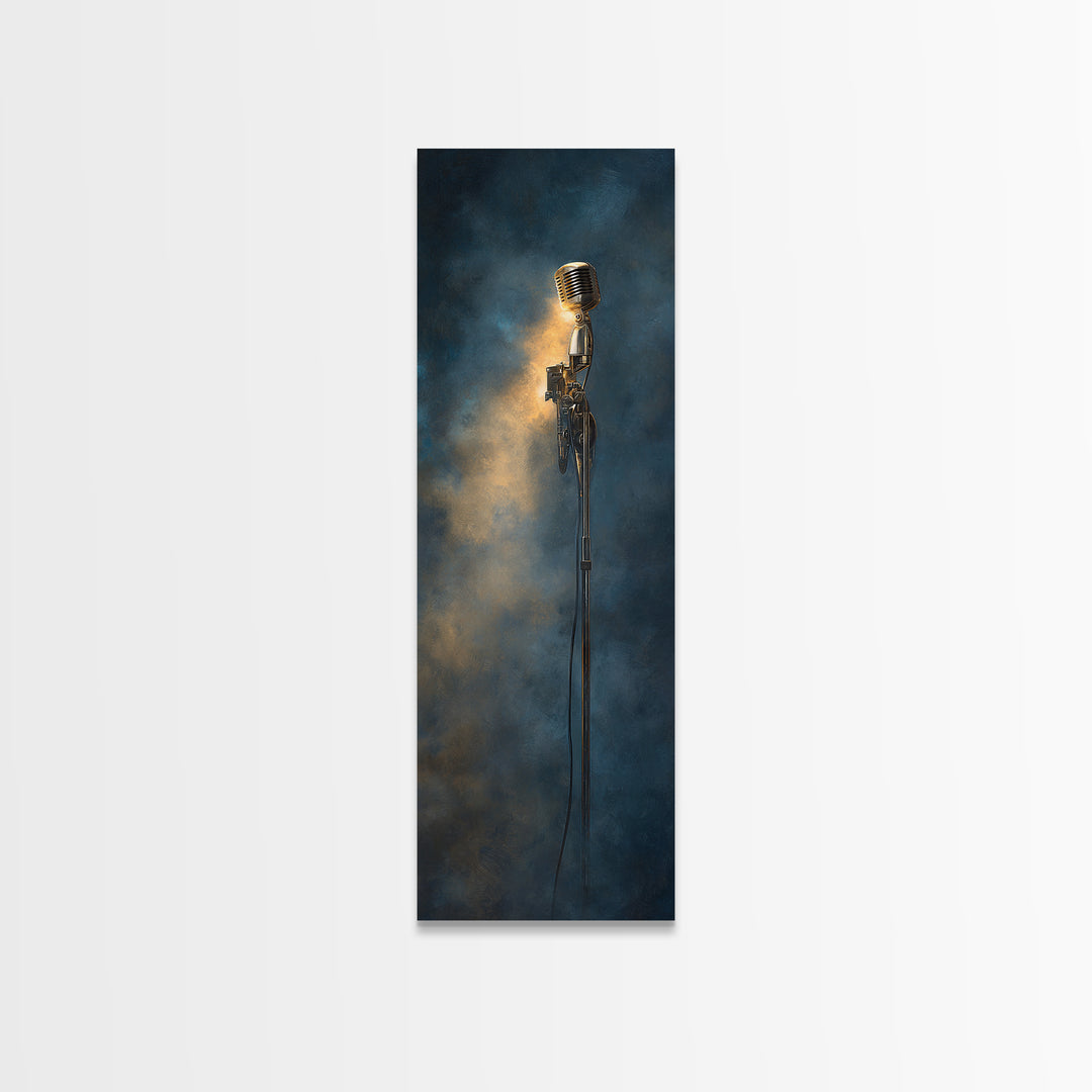 Microphone Portrait with Golden Spotlight Framed Canvas Print, Music Studio Art, Paul Mccartney, Studio Decor, Fine Art, Rhythm, MSA-1x3-91