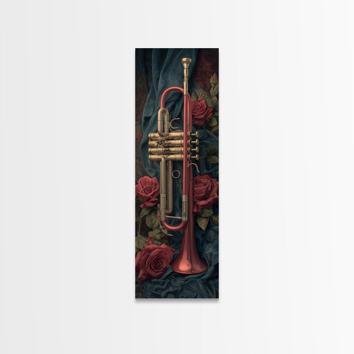 Trumpet and Roses Framed Canvas Print, Music Studio Art, Painting from Photo, Studio Decor, Rhythm, Gifts for Musicians, MSA-1x3-92