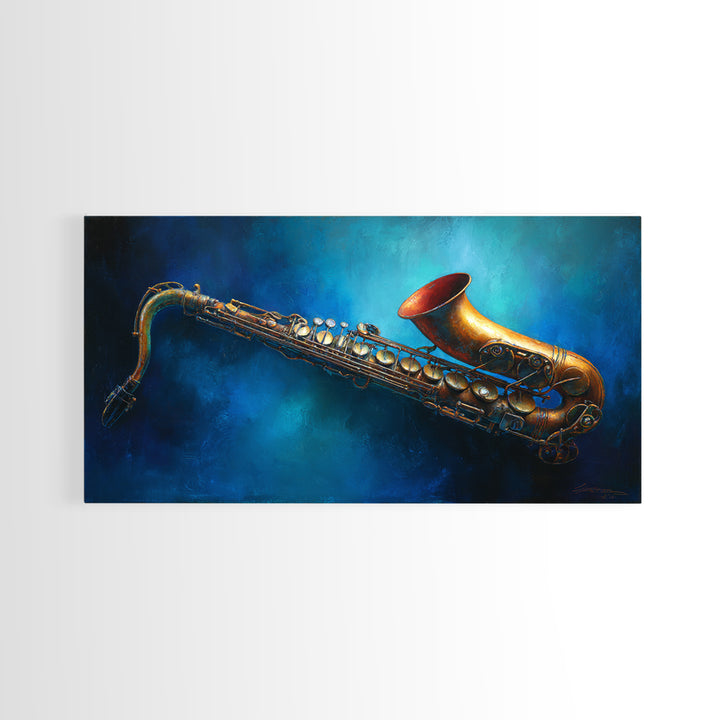 Jazz Saxophone with Smoky Blue Background Canvas Print, Music Studio Art, Boho Decor, Studio Decor, Fine Art, Rhythm, MSA-2x1-22