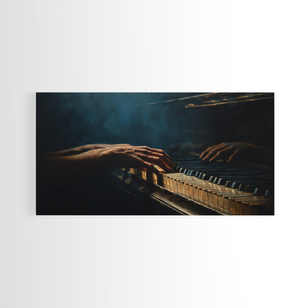 Piano Keys with Hands in Cinematic Shadow Framed Canvas Print, Music Studio Art, Home Decor, Studio Decor, Fine Art, Rhythm, MSA-2x1-25