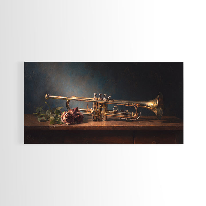 Trumpet and Roses Framed Canvas Print, Music Studio Art, Minimalist Decor, Studio Decor, Fine Art, Rhythm, Scripture Wall Art, MSA-2x1-28