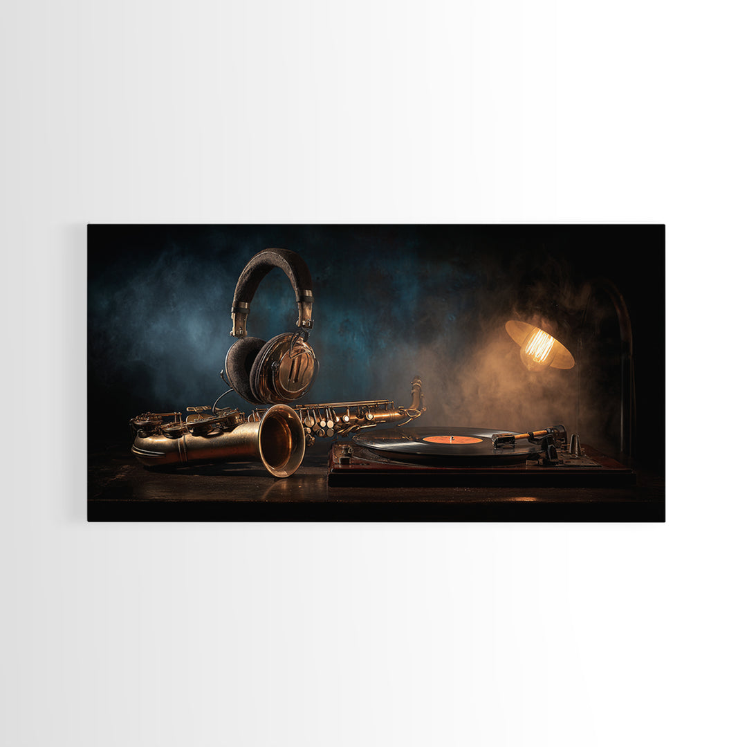 Headphones Around a Glowing Record Canvas Print, Music Studio Art, Printable Art, Studio Decor, Fine Art, Rhythm, Music Art, MSA-2x1-31
