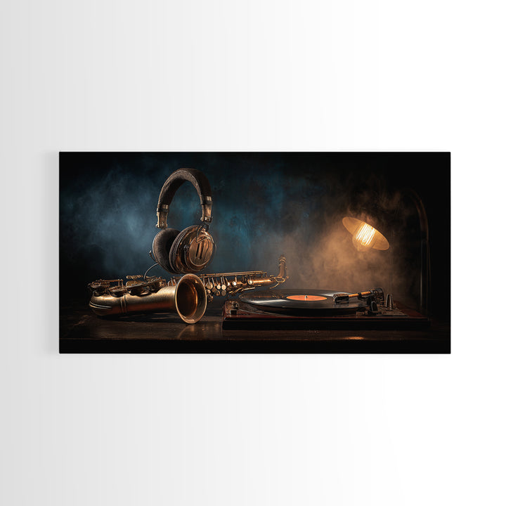 Headphones Around a Glowing Record Canvas Print, Music Studio Art, Printable Art, Studio Decor, Fine Art, Rhythm, Music Art, MSA-2x1-31