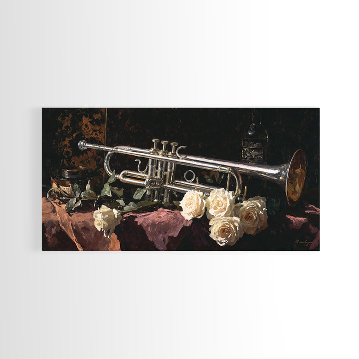 Trumpet and Roses Canvas Print, Music Studio Art, Printable Wall Art, Studio Decor, Fine Art, Rhythm, Painting from Photo, MSA-2x1-52