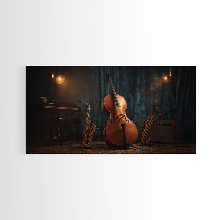Cello Leaning Against Dark Velvet Backdrop Canvas Print, Music Studio Art, Printable Art, Studio Decor, Oil Painting, Rhythm, MSA-2x1-53