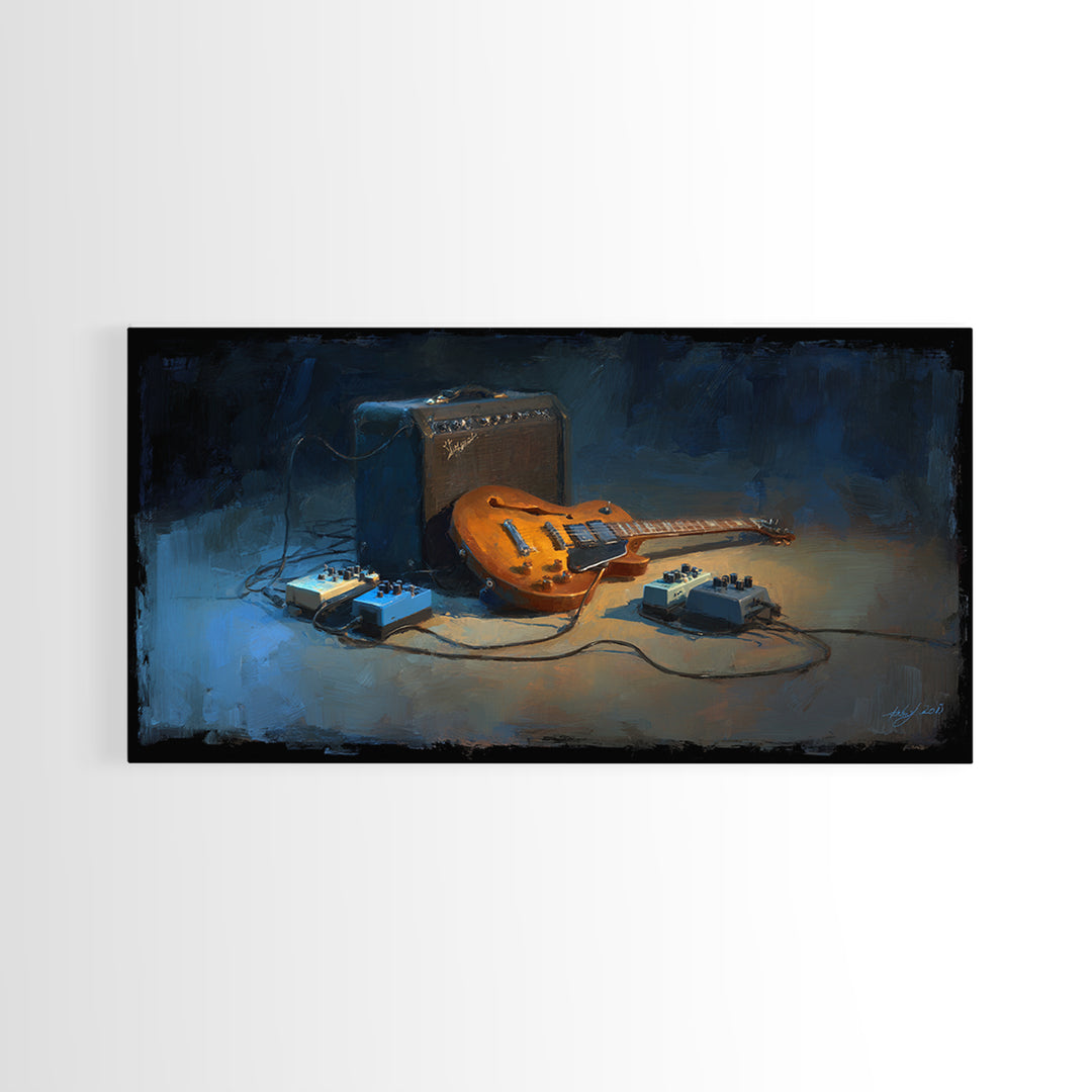 Electric Guitar Pedals and Cables Graphic Art Framed Canvas Print, Music Studio Art, Metal Wall Art, Studio Decor, Abstract Art, MSA-2x1-65