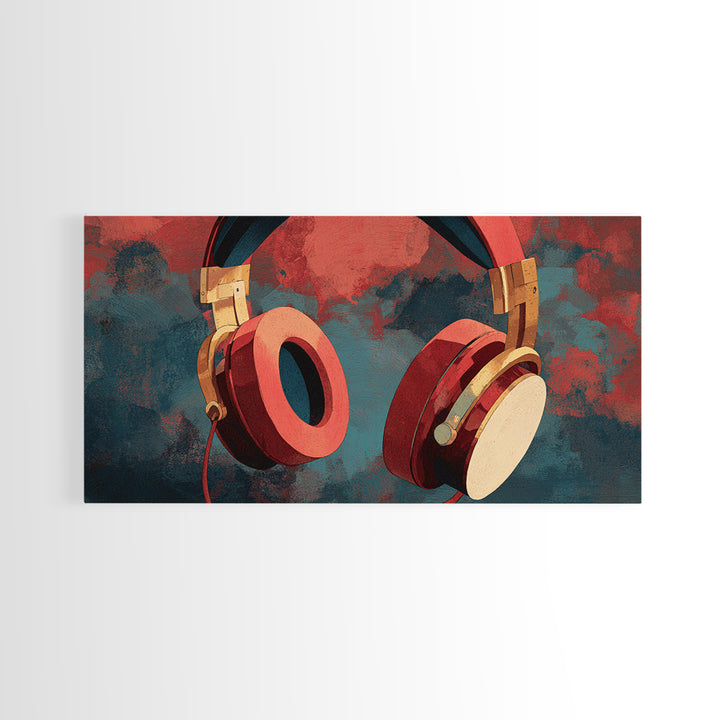Headphones Around a Glowing Record Framed Canvas Print, Music Studio Art, Wall Decor, Studio Decor, Fine Art, Rhythm, MSA-2x1-7