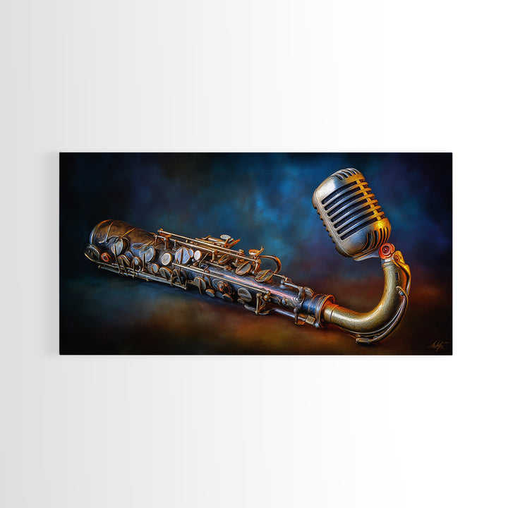Microphone Portrait with Golden Spotlight Framed Canvas Print, Music Studio Art, Boho Decor, Studio Decor, Oil Painting, Rhythm, MSA-2x1-75
