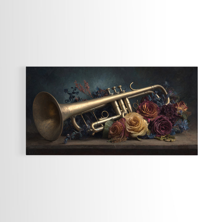 Trumpet and Roses Canvas Print, Music Studio Art, Digital Download Art, Studio Decor, Fine Art, Rhythm, Music Lover Gift, MSA-2x1-76