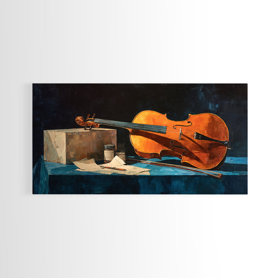 Cello Leaning Against Dark Velvet Backdrop Canvas Print, Music Studio Art, Printable Art, Studio Decor, Oil Painting, Rhythm, MSA-2x1-77