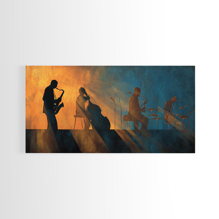 Jazz Quartet Silhouettes Framed Canvas Print, Music Studio Art, Studio Decor, Oil Painting, Rhythm, Wall Art Printable, MSA-2x1-90