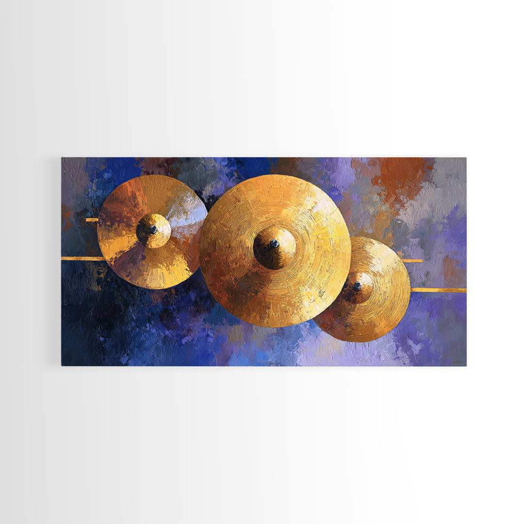 Gold Cymbal Closeup Framed Canvas Print, Music Studio Art, Music Wall Art, Studio Decor, Oil Painting, Rhythm, Teen Room Decor, MSA-2x1-92