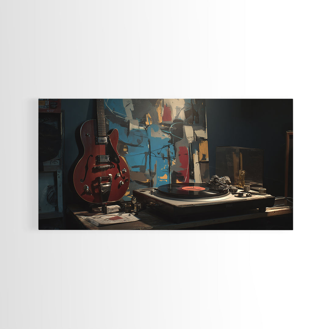 Vinyl Record and Turntable Still Life Framed Canvas Print, Music Studio Art, Gifts for Musicians, Studio Decor, Rhythm, MSA-2x1-95