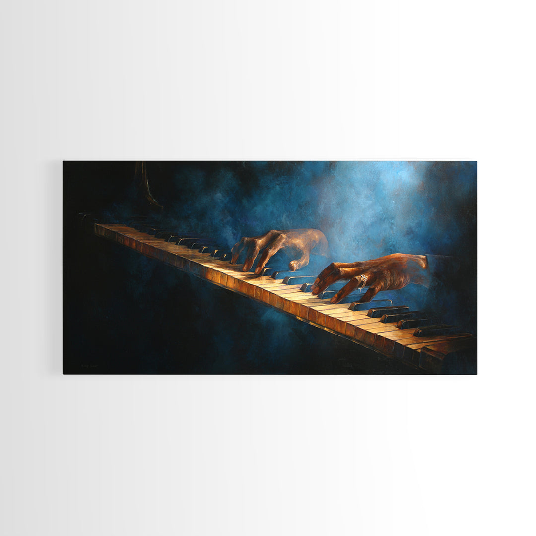 Piano Keys with Hands in Cinematic Shadow Framed Canvas Print, Music Studio Art, Trendy Wall Art, Studio Decor, Rhythm, MSA-2x1-97