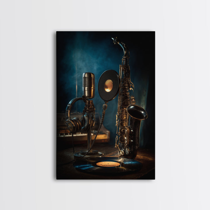 Headphones Around a Glowing Record Framed Canvas Print, Music Studio Art, Neutral Decor, Studio Decor, Fine Art, Rhythm, MSA-2x3-19