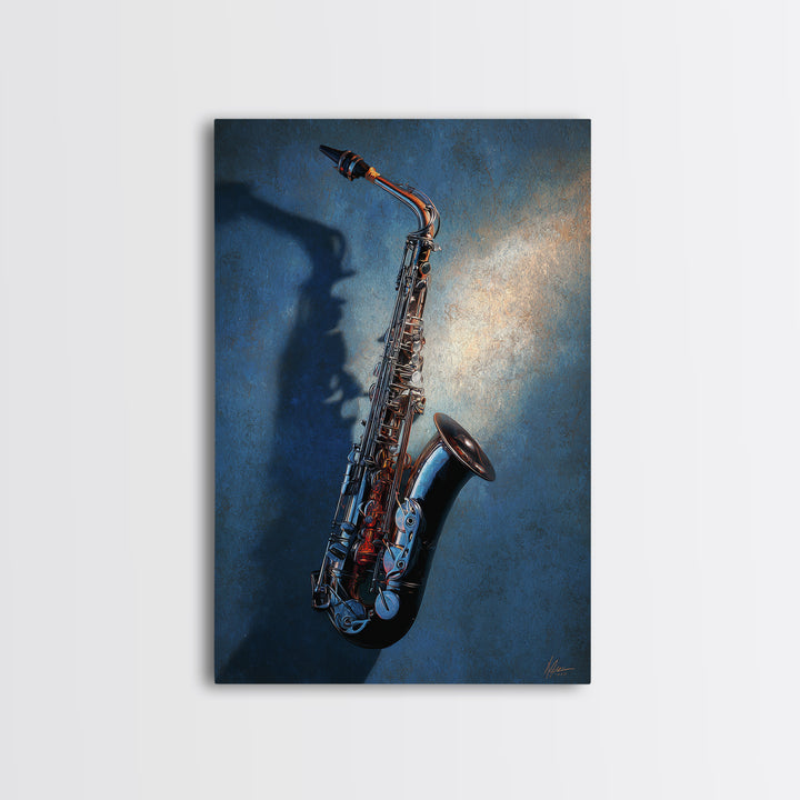 Jazz Saxophone with Smoky Blue Background Framed Canvas Print, Music Studio Art, Contemporary Art, Studio Decor, Rhythm, MSA-2x3-34