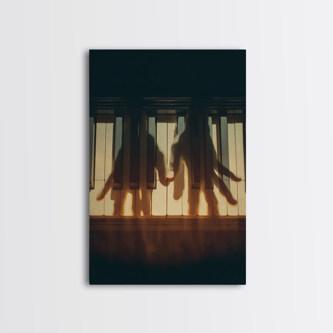 Piano Keys with Hands in Cinematic Shadow Framed Canvas Print, Music Studio Art, Music, Studio Decor, Fine Art, Rhythm, MSA-2x3-37