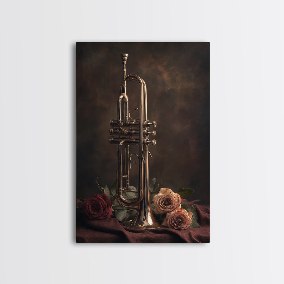 Trumpet and Roses Canvas Print, Music Studio Art, Fine Art Print, Studio Decor, Fine Art, Rhythm, Wall Decor, MSA-2x3-40