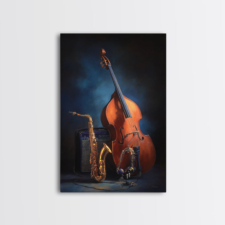 Cello Leaning Against Dark Velvet Backdrop Framed Canvas Print, Music Studio Art, Studio Decor, Abstract Art, Rhythm, MSA-2x3-41
