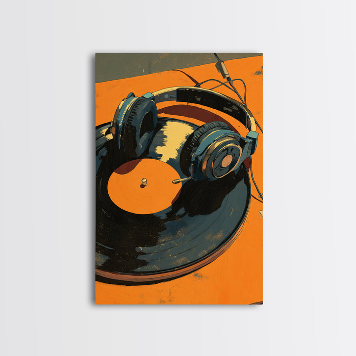 Headphones Around a Glowing Record Framed Canvas Print, Music Studio Art, Contemporary Art, Studio Decor, Fine Art, Rhythm, MSA-2x3-43