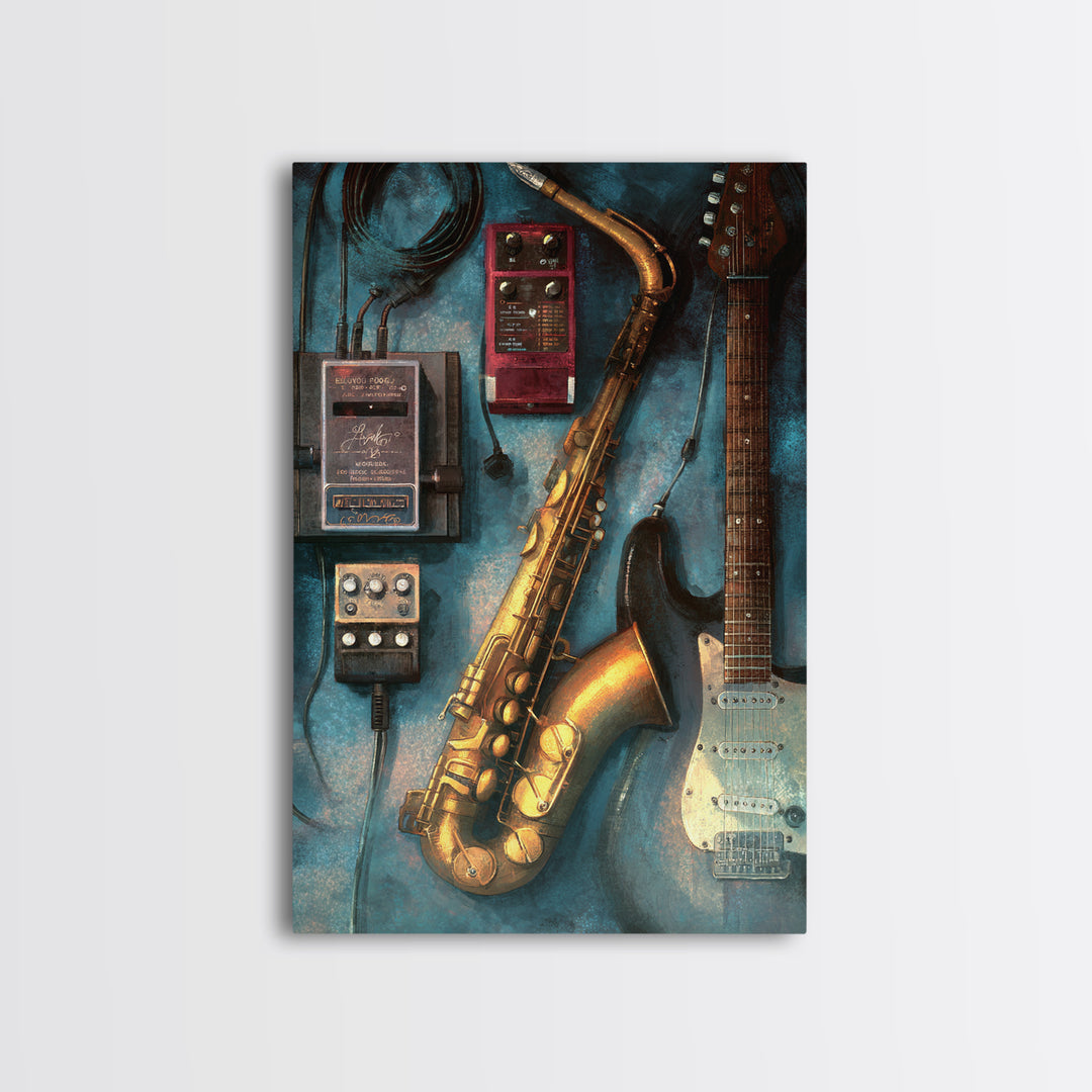 Electric Guitar Pedals and Cables Graphic Art Canvas Print, Music Studio Art, Digital Wall Art, Studio Decor, Rhythm, MSA-2x3-53