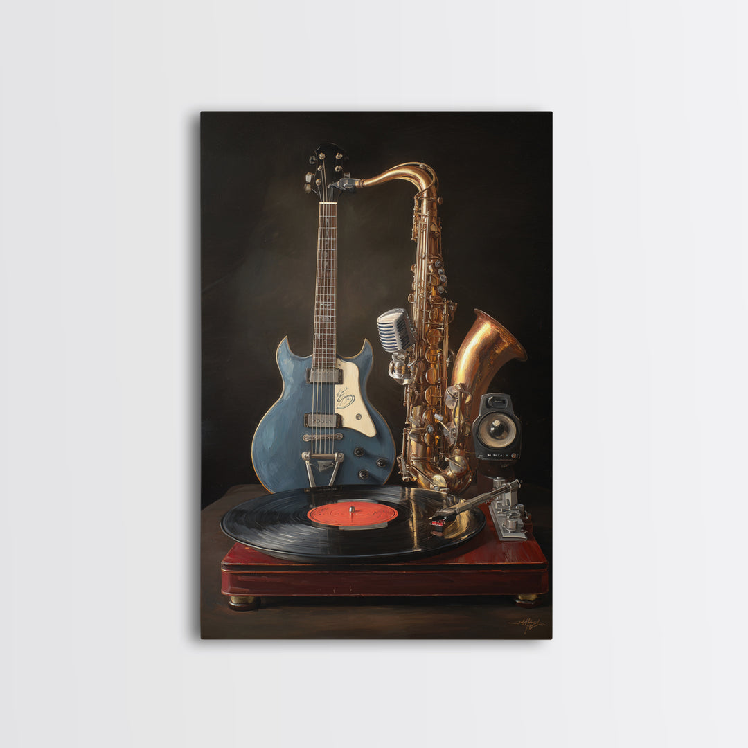 Vinyl Record and Turntable Still Life Framed Canvas Print, Music Studio Art, Music, Studio Decor, Oil Painting, Rhythm, MSA-2x3-59