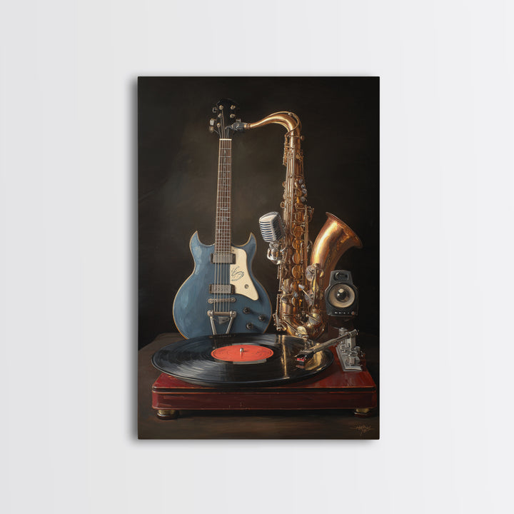 Vinyl Record and Turntable Still Life Framed Canvas Print, Music Studio Art, Music, Studio Decor, Oil Painting, Rhythm, MSA-2x3-59