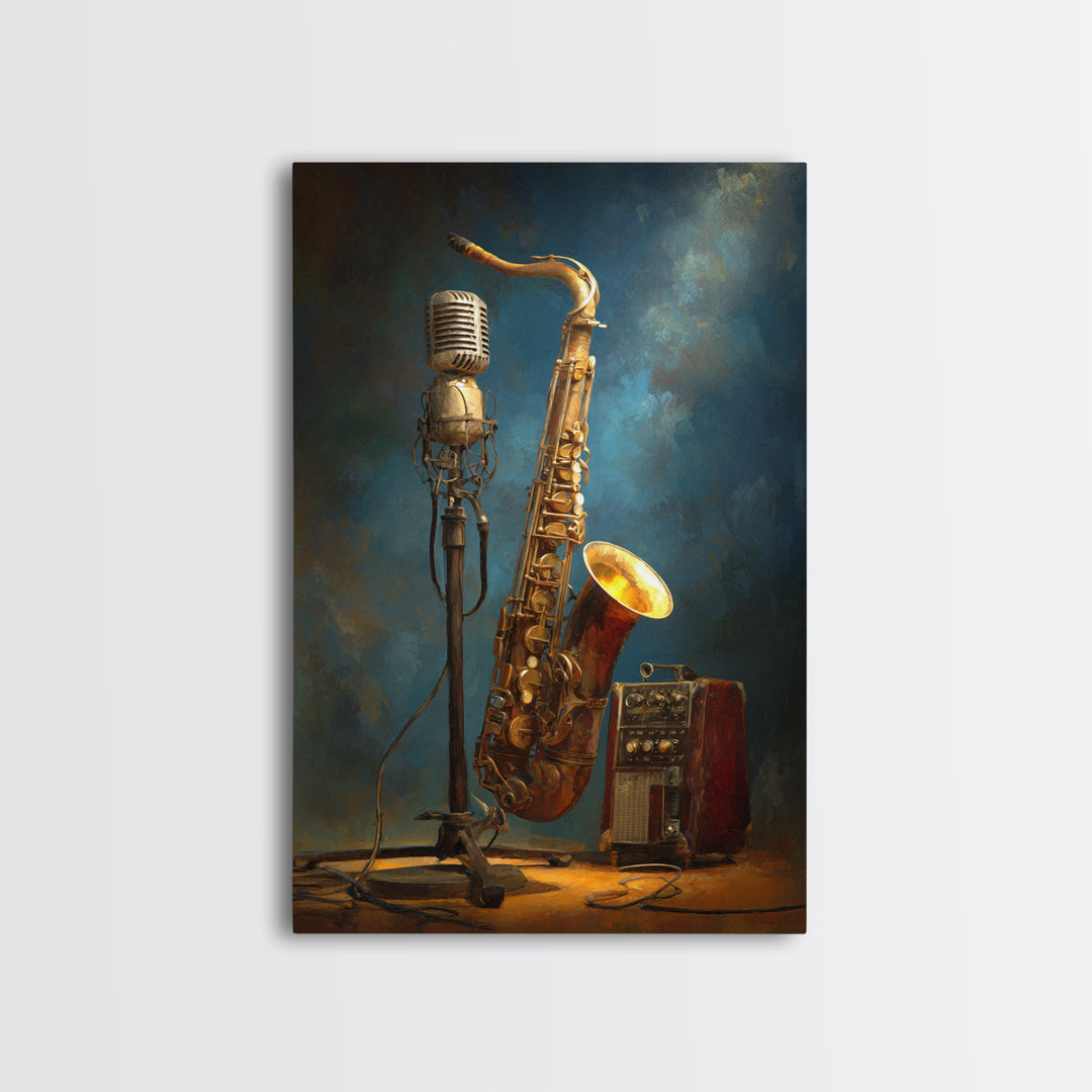 Microphone Portrait with Golden Spotlight Framed Canvas Print, Music Studio Art, Printable Wall Art, Studio Decor, Rhythm, MSA-2x3-63
