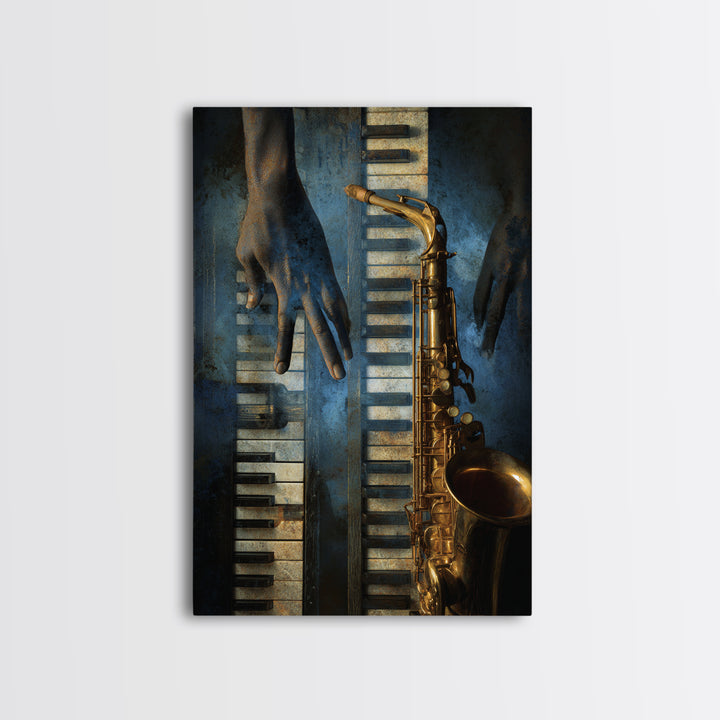 Piano Keys with Hands in Cinematic Shadow Framed Canvas Print, Music Studio Art, Wall Art Printable, Studio Decor, Rhythm, MSA-2x3-85