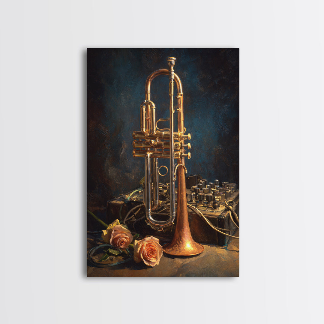 Trumpet and Roses Framed Canvas Print, Music Studio Art, Digital Wall Art, Studio Decor, Fine Art, Rhythm, Commission Painting, MSA-2x3-88