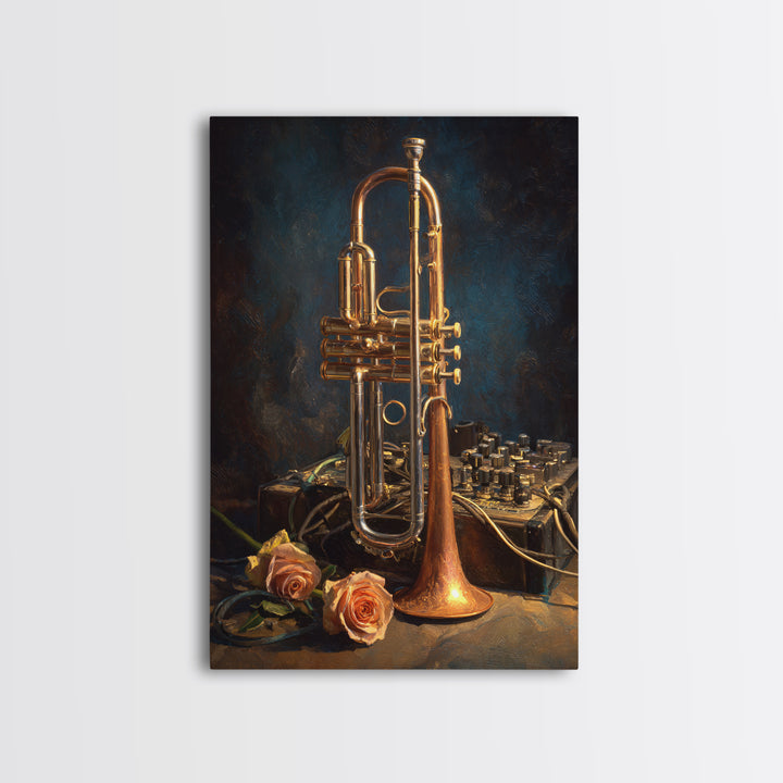 Trumpet and Roses Framed Canvas Print, Music Studio Art, Digital Wall Art, Studio Decor, Fine Art, Rhythm, Commission Painting, MSA-2x3-88