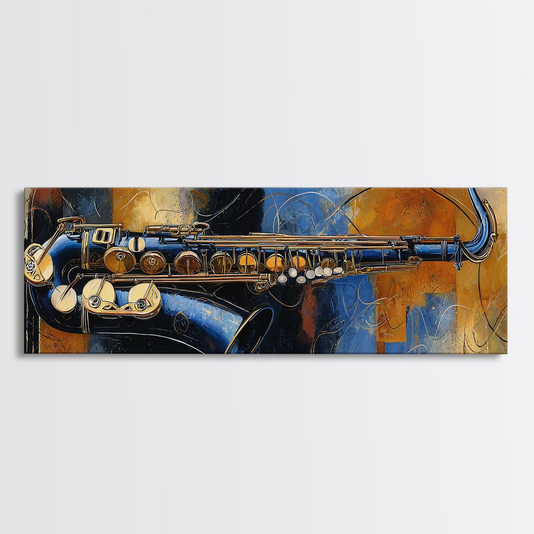 Jazz Saxophone with Smoky Blue Background Framed Canvas Print, Music Studio Art, Custom Painting, Studio Decor, Rhythm, MSA-3x1-18