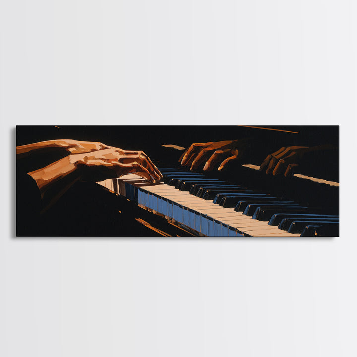 Piano Keys with Hands in Cinematic Shadow Canvas Print, Music Studio Art, Watercolor Print, Studio Decor, Fine Art, Rhythm, MSA-3x1-21